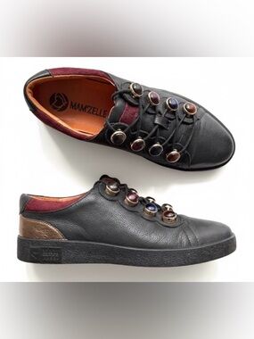 Mam’Zelle | Black Leather Women’s Sneaker with Multicolor Beading Embellishments